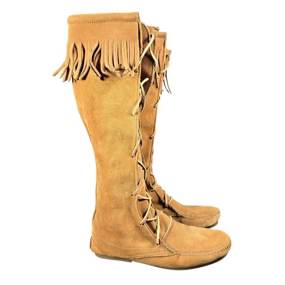 Minnetonka Knee High Fringe Boots Womens Size Tan Suede Lace Up
